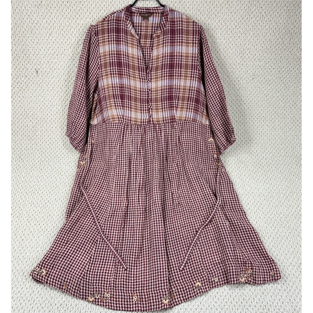 April Cornell Midi Dress Womens XL Red Brown Cinnamon Plaid Embroidered Tie Back